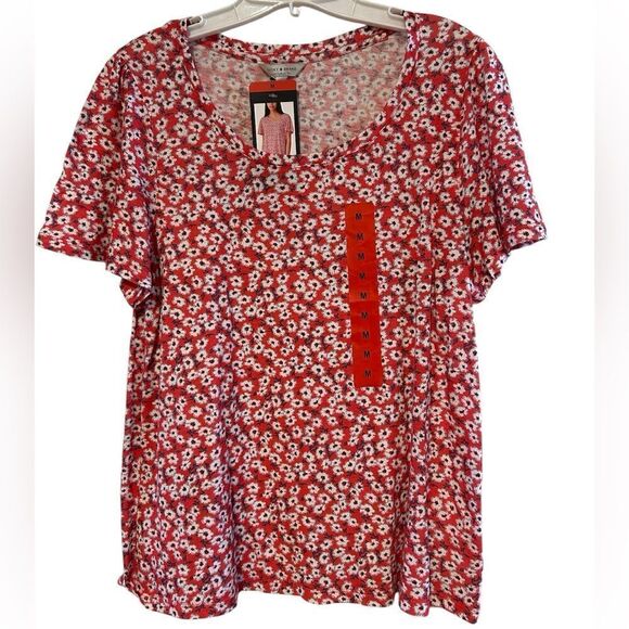 NWT Lucky Brand Floral Print Scoop Neck Stretch Knit Cotton Blend Tee M - Picture 1 of 12